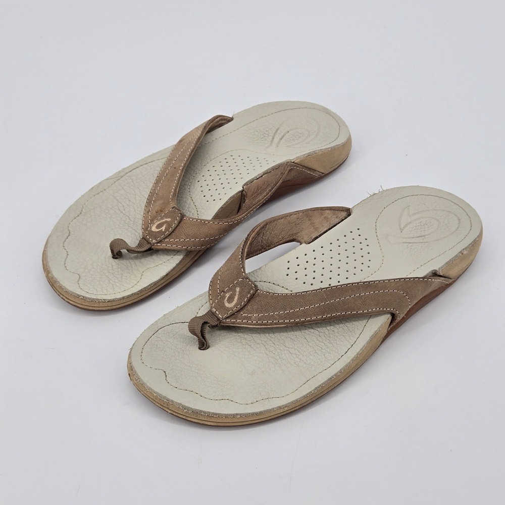 OluKai Kumu Women US 6 Brown Leather Orthotic Arch Support Beach Sandal FlipFlop